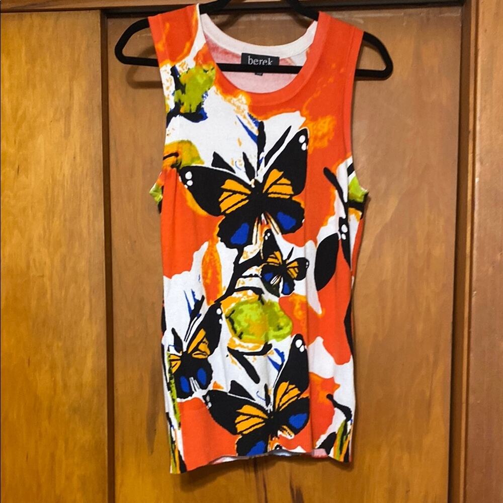 Bright Orange White Butterflies Sleeveless Light Sweater Knit Top Cotton Blend